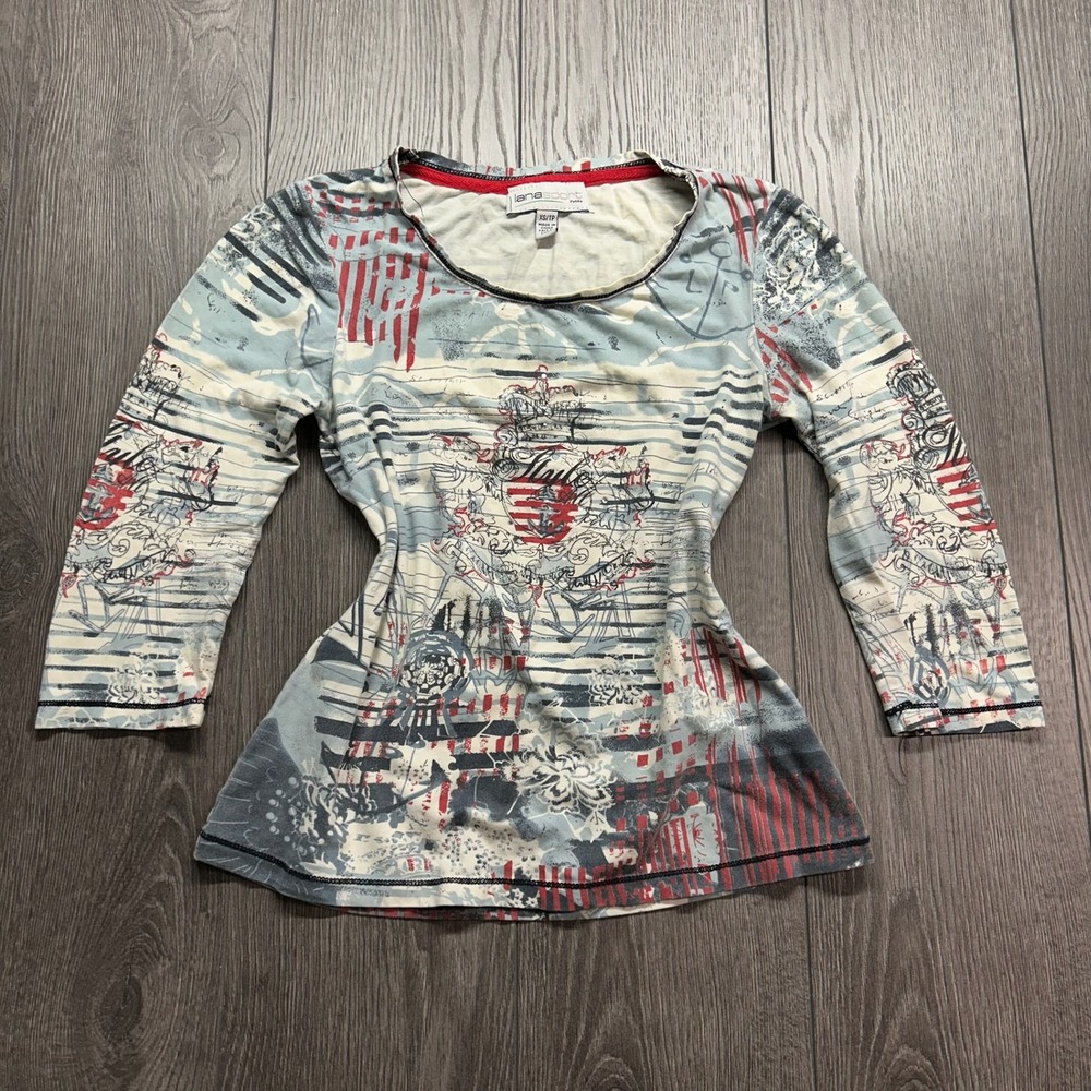 Lana Sport Petite Y2K Graphic Print Xs Top Red White Blue Anchor Crown Vintage